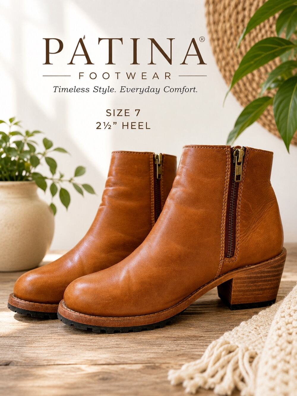 Patina Leather Ankle Boots Sz 7 Brown Block Heel Side Zip Comfort Booties